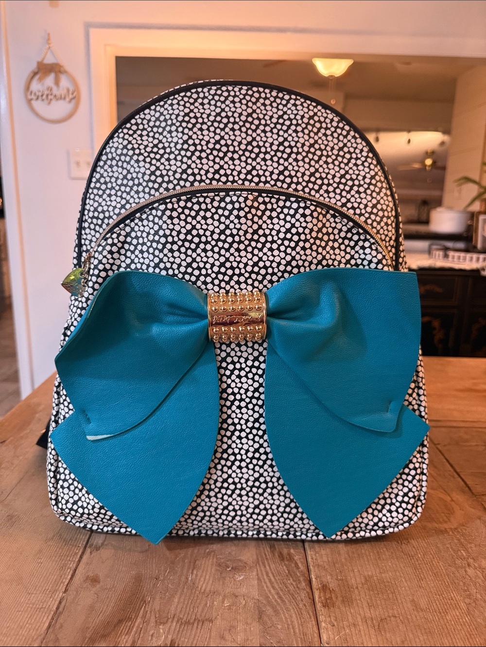 Betsey Johnson Black & White Polka Dot Backpack with Teal Bow